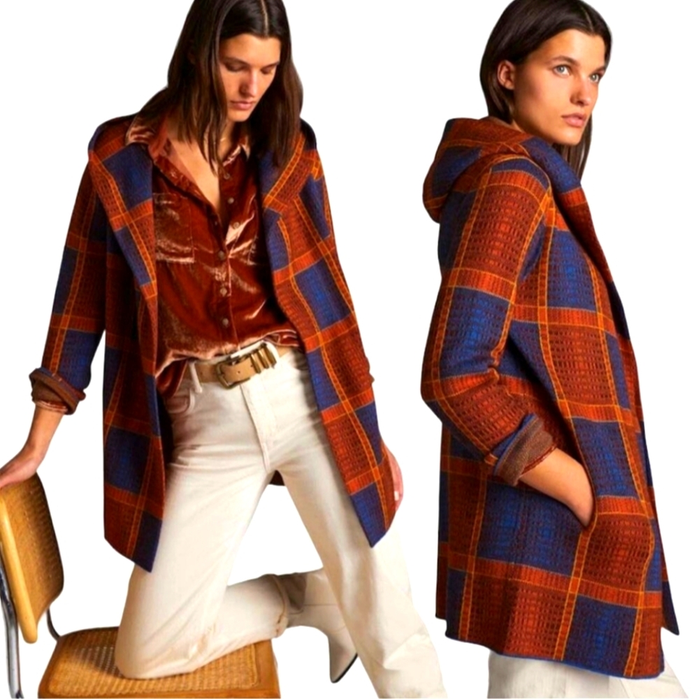 Anthropologie Field Flowers Orange and Blue Plaid Hooded Sweater Coat